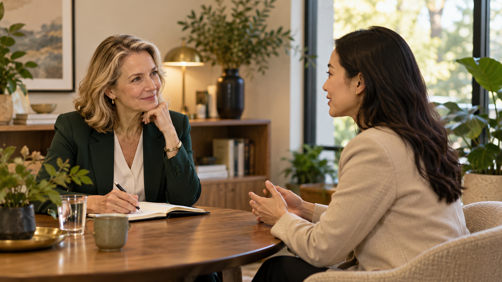 A recruiter listening carefully to a candidate during a private conversation